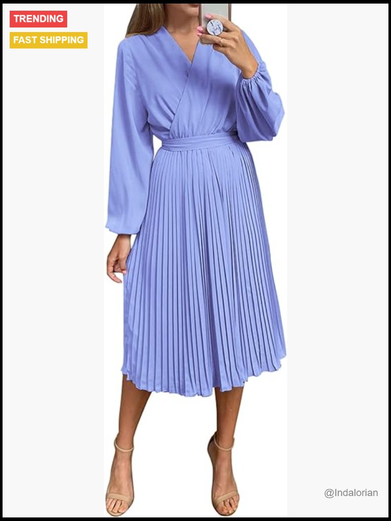 Women's Long Puff Sleeve Midi Dress Wrap V Neck Flowy Ruffle Pleated Casual Fall